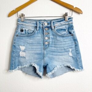 KanCan Womens High Rise Distressed Denim Shorts Light Wash Button Fly Frayed Hem